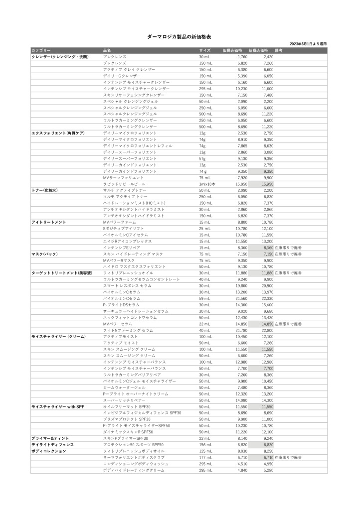 ダーマロジカ新価格表（2023-06-01より）のサムネイル